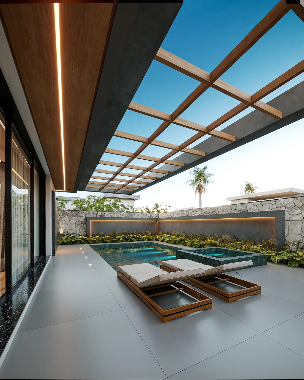 Pergolado e área molhada — projeto da Simões Arquitetura