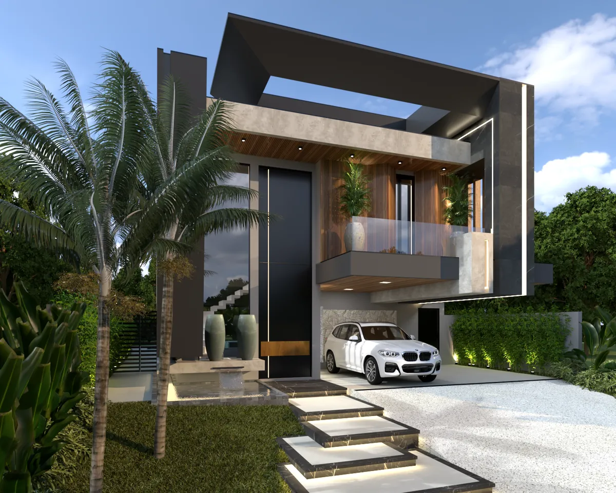 Pórtico em ângulo — projeto da Simões Arquitetura